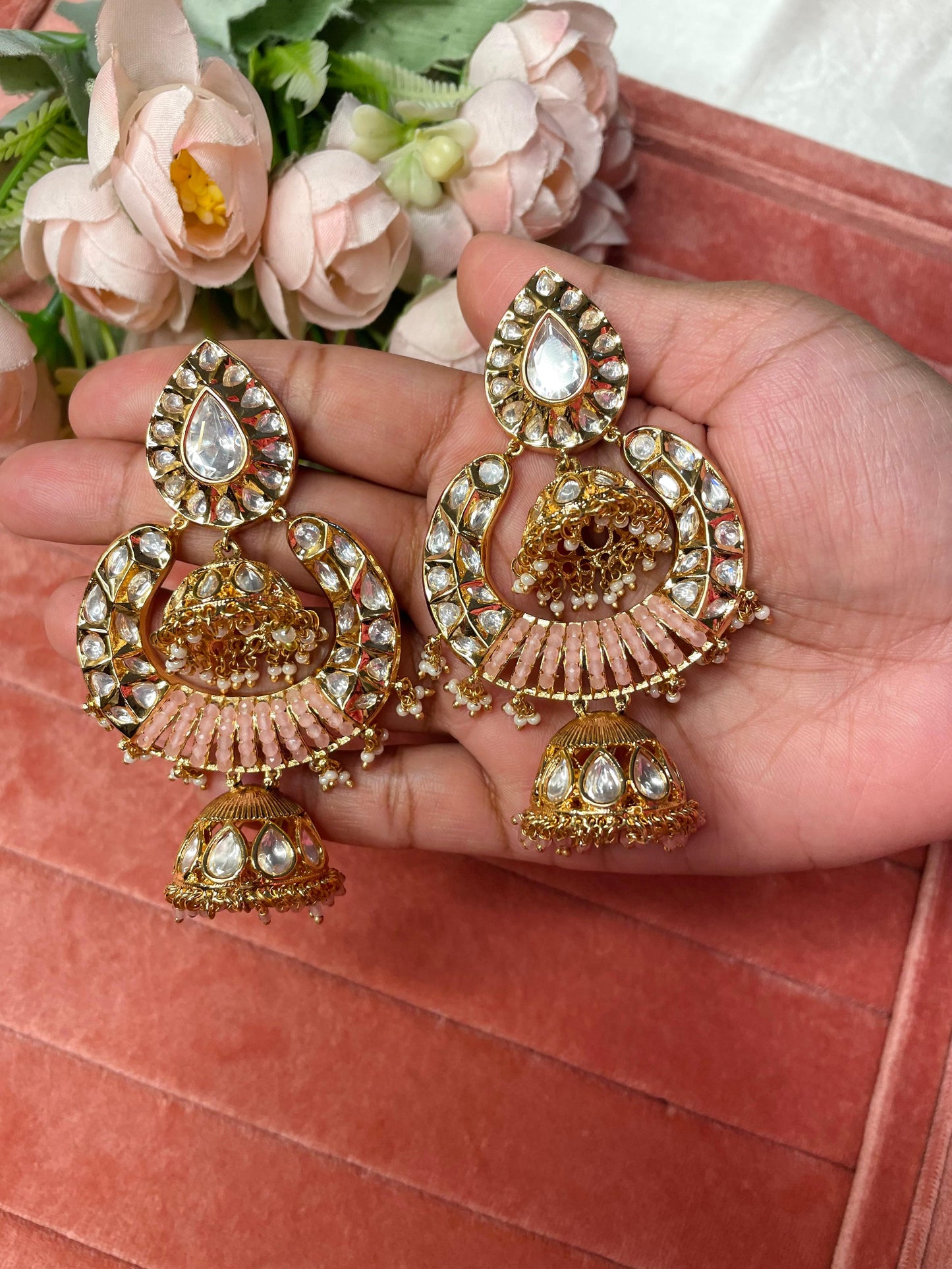 Sofia Polki chandbali jhumka-Pink