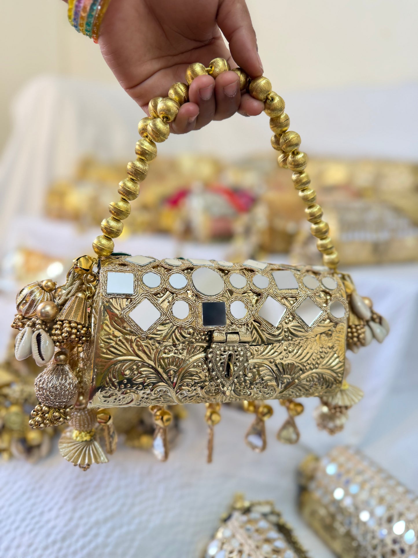 Zar-e-Noor Mirror Embellished Antique Gold Batua