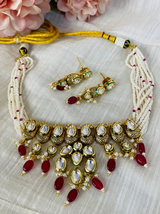 Zarika Kundan Choker – Pearl Strands with Crimson Drops