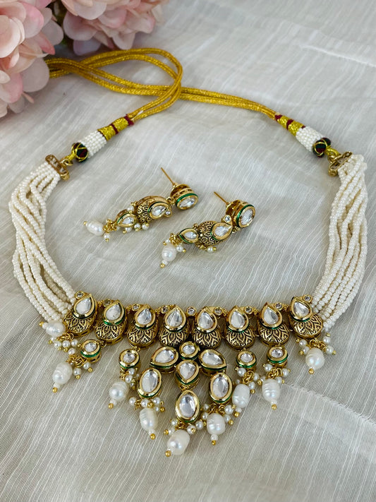 Zarika Kundan Choker – Pearl Strands with Crimson Drops
