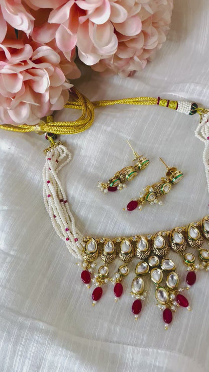 Zarika Kundan Choker – Pearl Strands with Crimson Drops