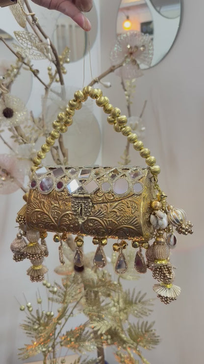 Zar-e-Noor Mirror Embellished Antique Gold Batua