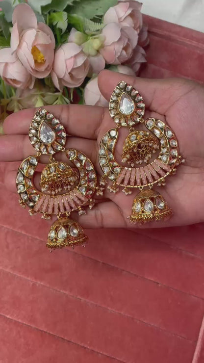 Sofia Polki chandbali jhumka-Pink