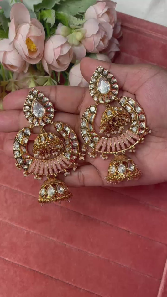 Sofia Polki chandbali jhumka-Pink