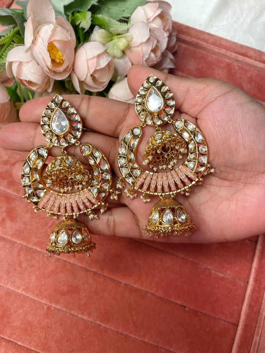 Sofia Polki chandbali jhumka-Pink