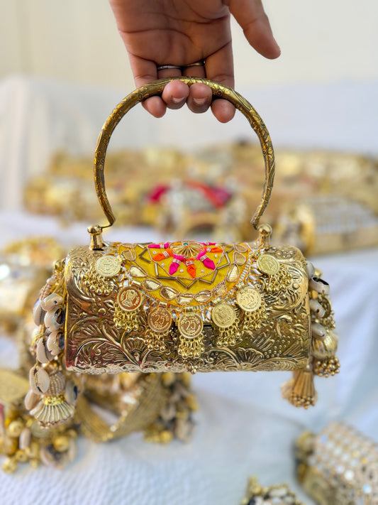 Haldi Noor Coin & Meenakari Handcrafted Batua in Antique Gold